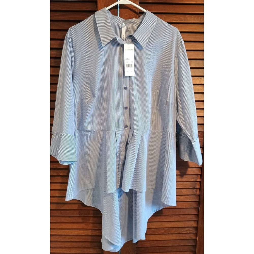 New York Collection Plus Size Navy White Stripe Top Blouse Hi Low 2X NWT Cuffs